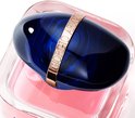 Close-up van de blauwe, steenvormige dop van Giorgio Armani My Way parfumfles met gouden band.