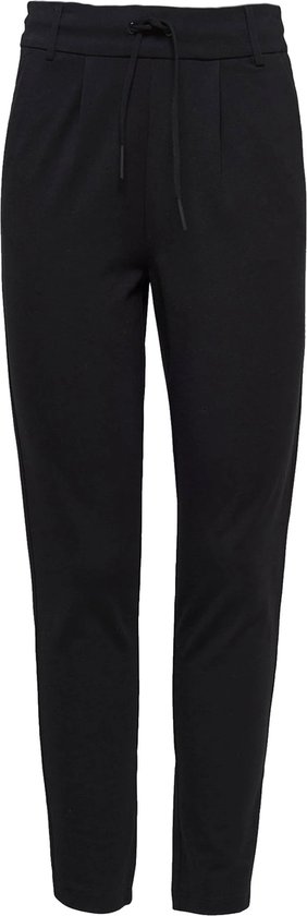 Zwarte chino broek met ceintuur met tunnelkoord, steekzakken en plooien, van voren gezien.