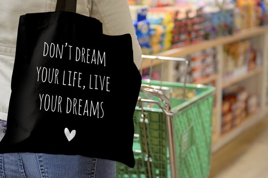 Sac bandoulière - Sac de plage - Shopper Citation anglaise Ne rêve pas ta vie, vis tes rêves avec un coeur sur fond noir - 45x45 cm - Sac en coton