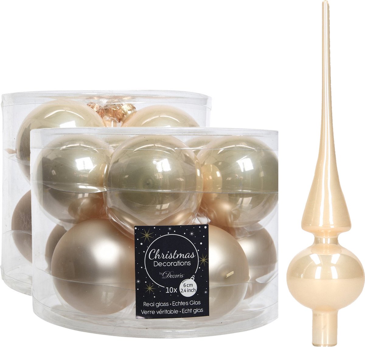 Compleet glazen kerstballen pakket champagne glans/mat 32x stuks met piek glans - 20x 6 cm - 12x 8 cm