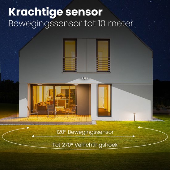 Krachtige sensor: bewegingssensor tot 10 meter, 120° bereik, 270° licht.