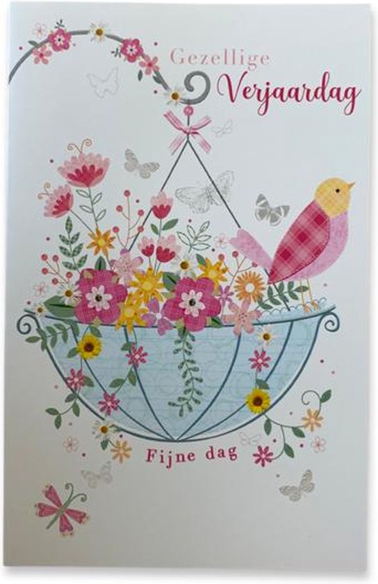 Wenskaart met bloemenmand, vogel en de tekst 'Gezellige Verjaardag Fijne dag'.