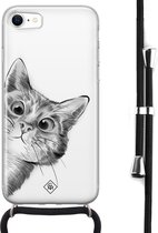 Casimoda® hoesje met koord - Geschikt voor iPhone 8 - Kiekeboe Kat - Afneembaar koord - Siliconen/TPU - Wit