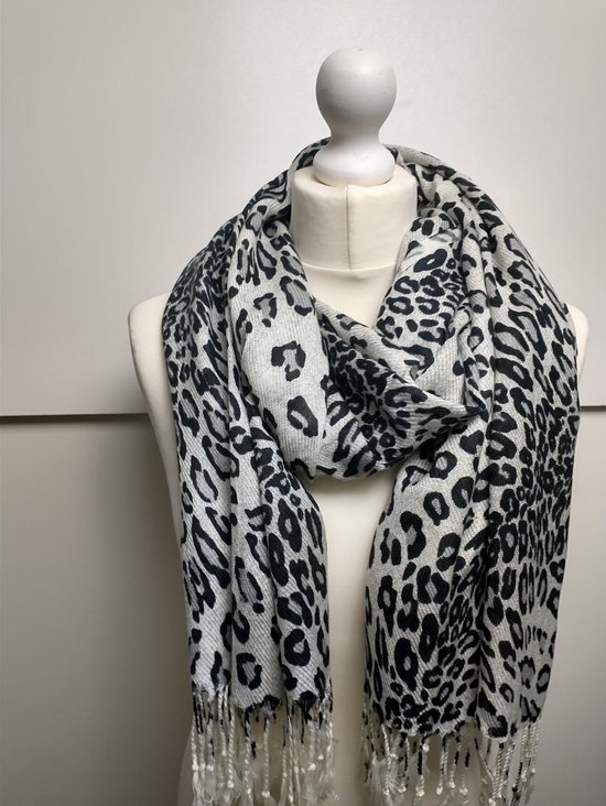 Lange dames sjaal Alisa panterprint zwart grijs wit