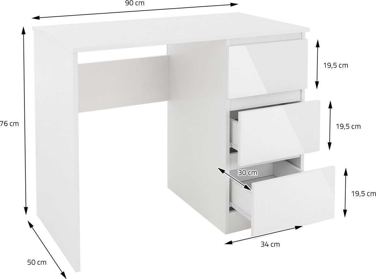 Bureau met drie lades, 90 x 76 x 50 cm, wit, van spaanplaat ML-Design thumbnail 5
