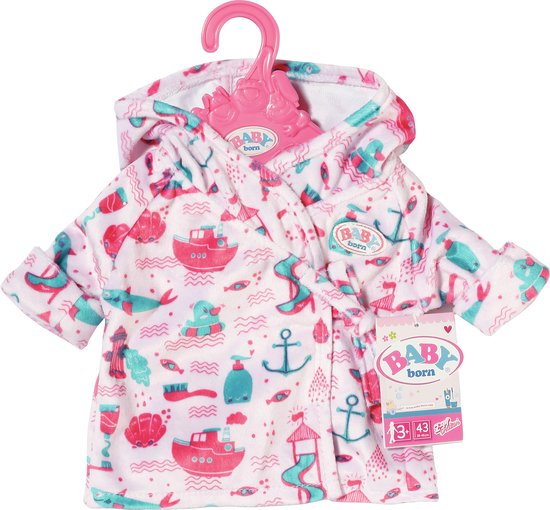 Roze badjas met capuchon en scheeps-, anker-, glijbaan- en vuurtorenmotieven in roze en blauw, met Baby Born label.