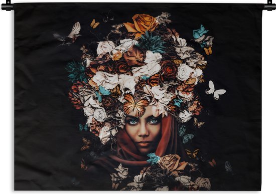 Wandkleed - Wanddoek - Bloemen - Vlinder - Vrouwen - Hoofddoek - 60x45 cm - Wandtapijt