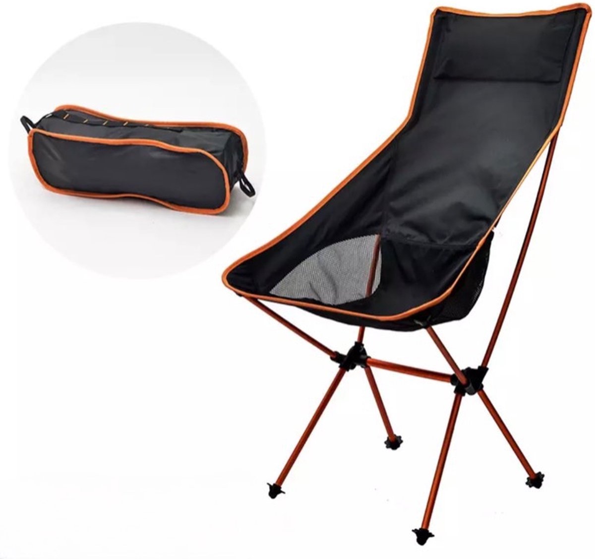 Strandstoel opvouwbaar met hoofdkussen - Kampeer vouwstoel - Karper/viskruk - Plooistoel - Ultralicht picknick meubel - Oranje