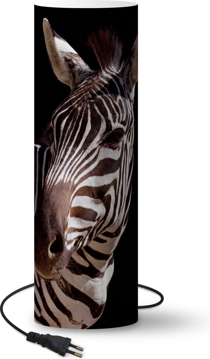 Lamp - Nachtlampje - Tafellamp slaapkamer - Nieuwsgierige zebra op zwarte achtergrond - 70 cm hoog - Ø22.3 cm - Inclusief LED lamp