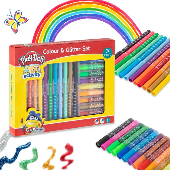 Play Doh 24-delige Kleur- en Glitterset | Ik leer kleuren en tekenen | geschikt voor kinderen vanaf 3 jaar