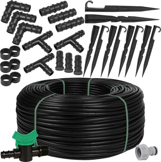 Zwarte druppelleiding 16mm-1,6 l/h + Gardena kraanaansluiting - MADE IN EU / 50m + Accessoires