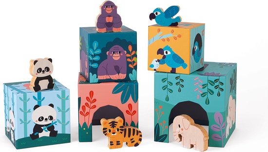 Janod WWF - Stapeltoren Met Houten Dierenfiguren - Mooie Vierkante Kartonnen Toren Voor Uren Speelplezier! - Geschikt Vanaf 1 Jaar van Janod — afbeelding 5