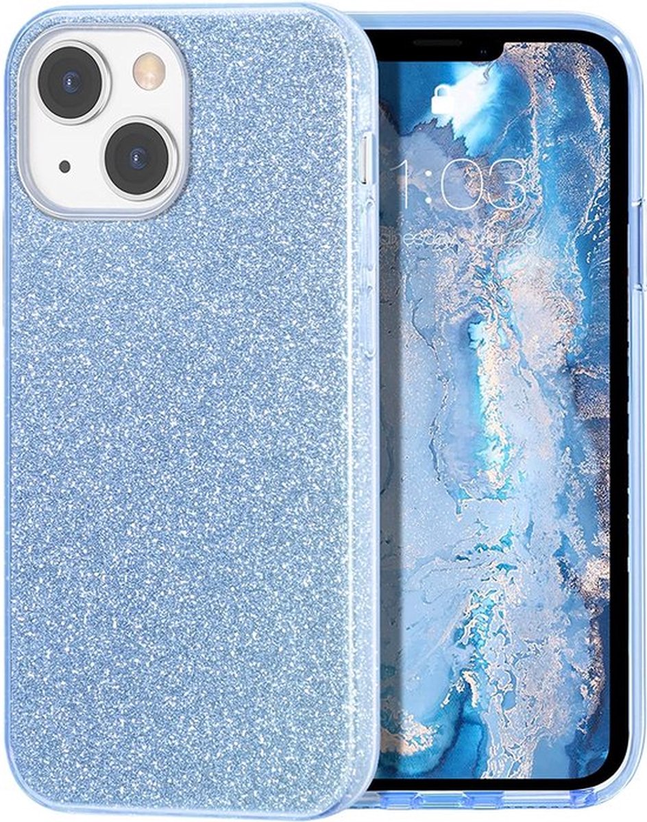 Casemania Hoesje Geschikt voor Apple iPhone 14 Plus - Blauw - Glitter Back Cover