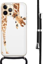 Hoesje met koord - Geschikt voor iPhone 12 - Giraffe - Verstelbaar zwart koord - Bruin, Transparant - Giraffe - Leuke Telefoonhoesjes