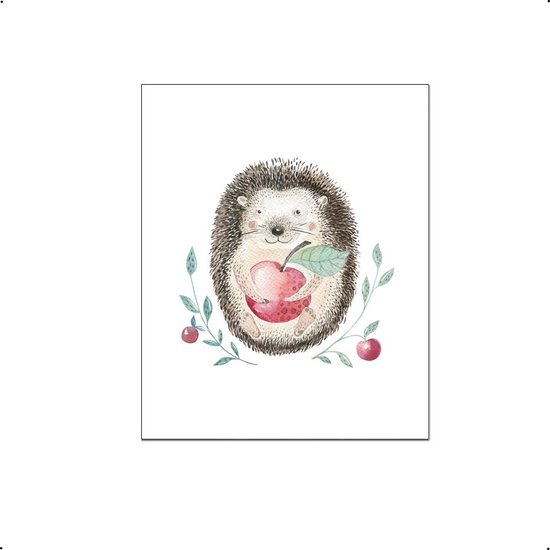 PosterDump - Egel met appel en bloemenkrans - Baby / kinderkamer poster - Dieren poster - 42x29,7cm / A3