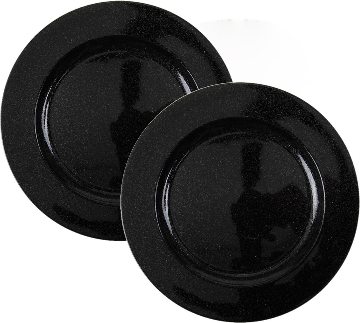 Kerst onderborden - D33 cm - zwart glitter - set 2x stuks - rond - kunststof