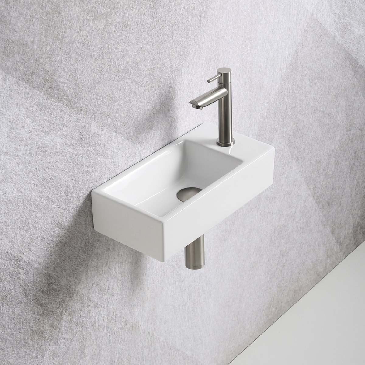 Fonteinset Mia 40.5x20x10.5cm glans wit rechts inclusief fontein kraan, sifon en afvoerplug RVS