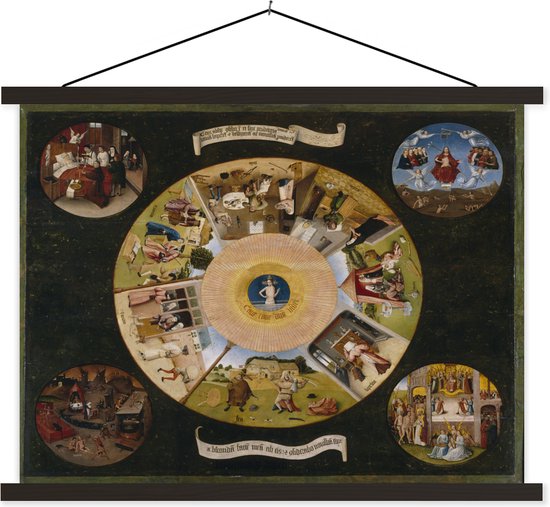 Posterhanger incl. Poster - Schoolplaat - The seven deadly sins and the four last things - schilderij van Jheronimus Bosch - 60x45 cm - Zwarte latten