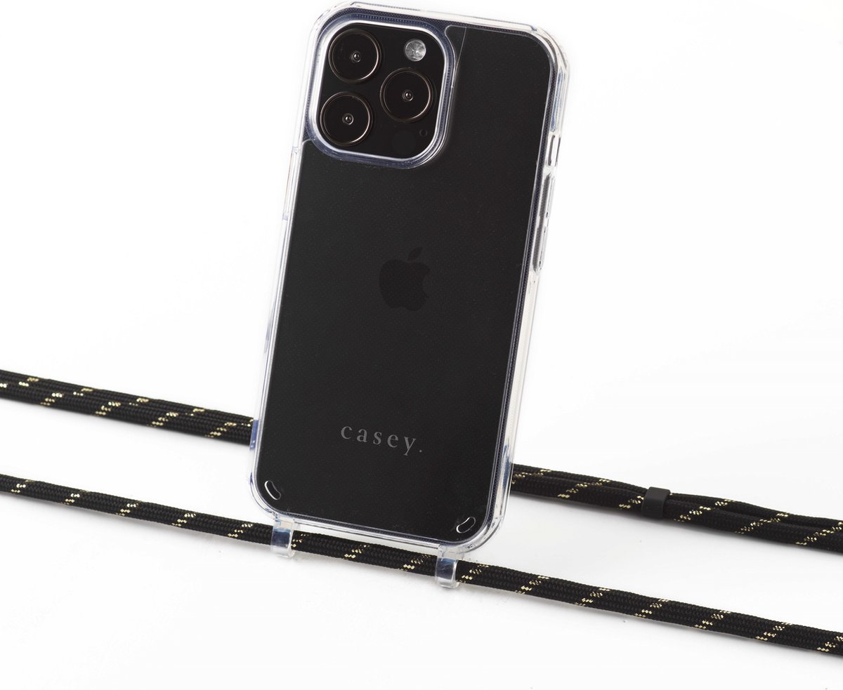 Apple iPhone 13 silicone hoesje transparant met oortjes en koord black with golden stripes