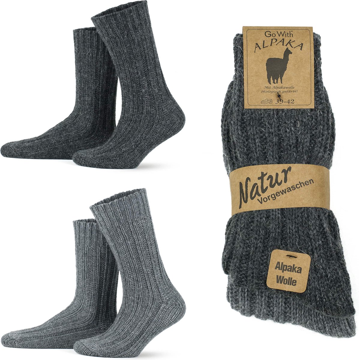GoWith-4 paar-alpaca wollen sokken-extra dikke sokken-huissokken-warme sokken-wintersokken-thermosokken-cadeau sokken-grijs-antraciet-maat 35-38