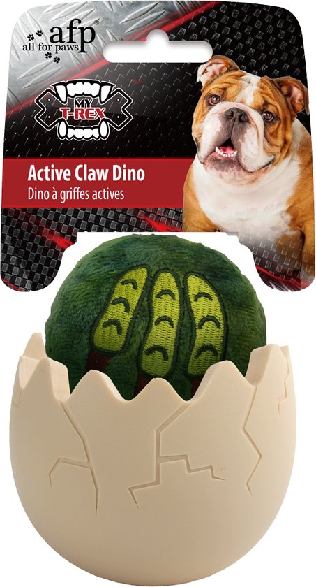 Een gebarsten ei met een groene dinosaurusklauw, verpakt met een Engelse buldog.