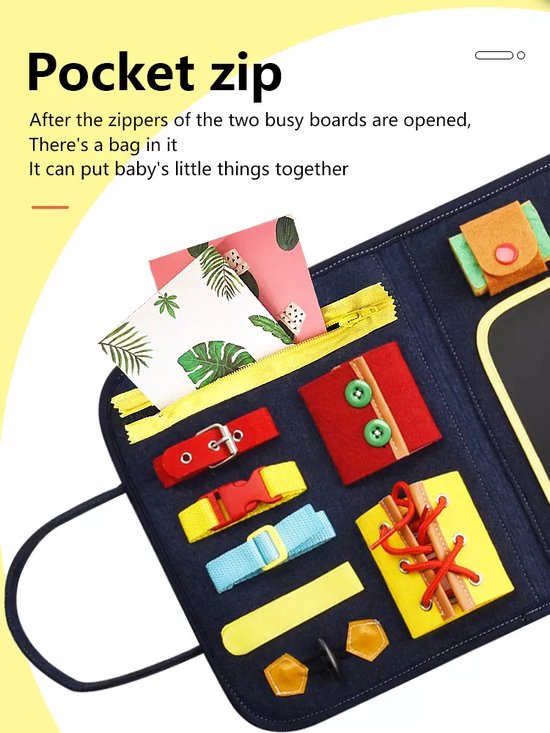 Thumbnail van een extra afbeelding van het spel Verbeter de motoriek van je kind - Activiteitenbord - Motoriek Speelgoed Map - Busy Board - voor Thuis en Onderweg - Montessori Speelgoed - Educatief - 14 activiteiten