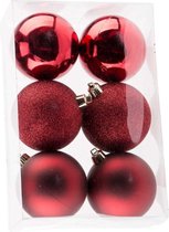 6x Donkerrode kunststof kerstballen 8 cm - Mat/glans/glitter - Onbreekbare plastic kerstballen - Kerstboomversiering donkerrood