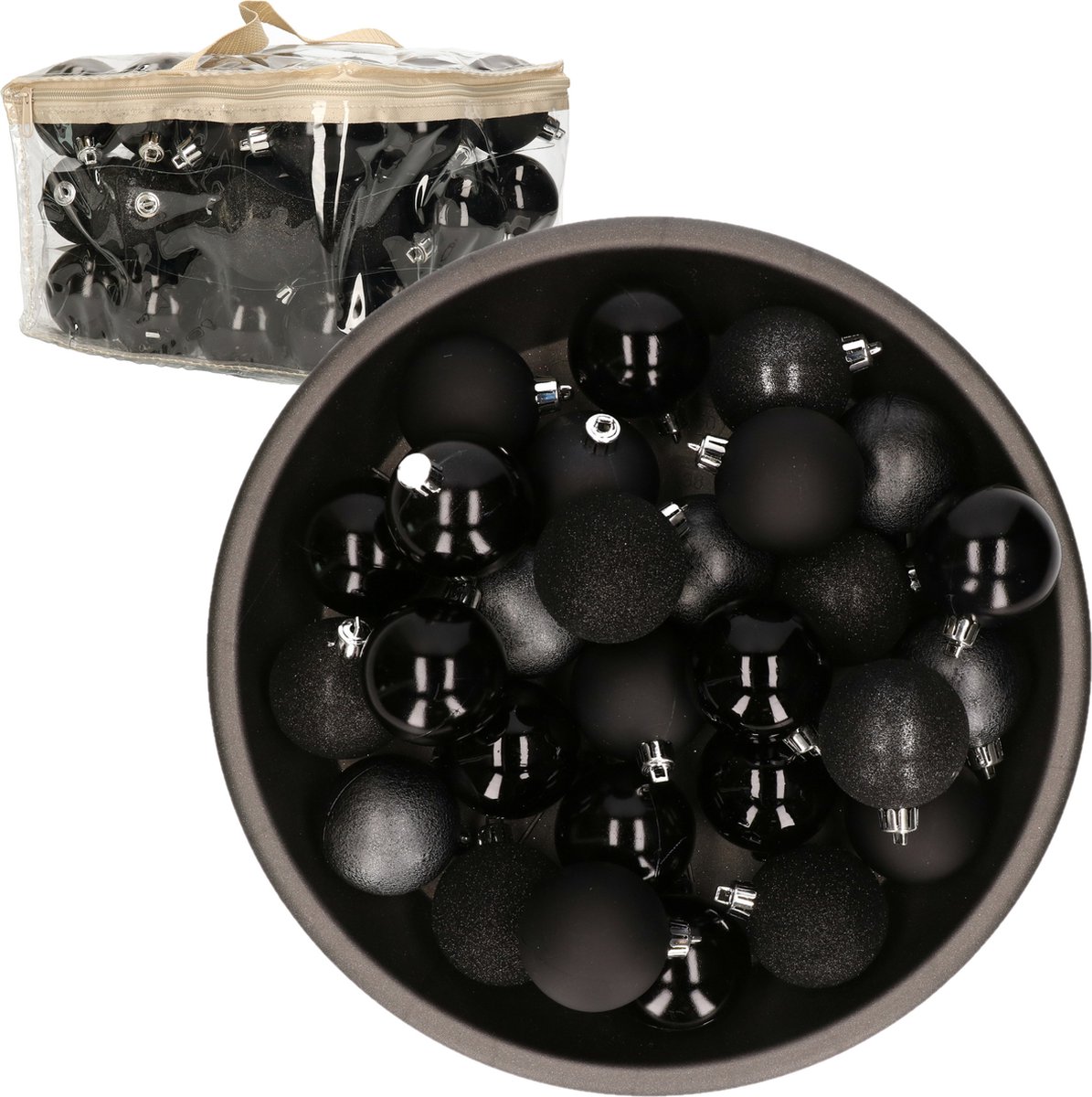 Kerstballen set van 48 stuks, 6cm groot, gemaakt van kunststof in diverse kleuren en ontwerpen.