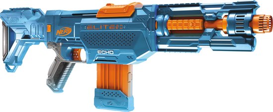 Blauwe en oranje Nerf Elite 2.0 Echo CS 10 blaster, close-up.
