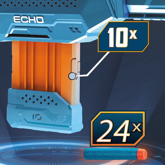 Close-up van het magazijn van de Nerf Elite 2.0 Echo CS 10 blaster, met 10 en 24 pijltjes indicatie.