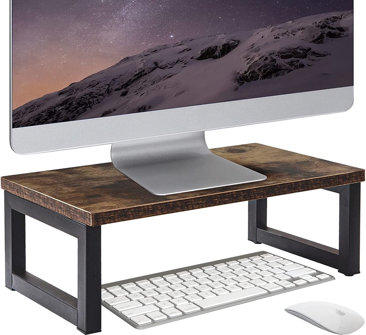 houten monitorstandaard met metalen frame, pc-laptopschermversterker, desktop-opslagorganizer voor thuis of op kantoor - L40 x B23 x H14cm