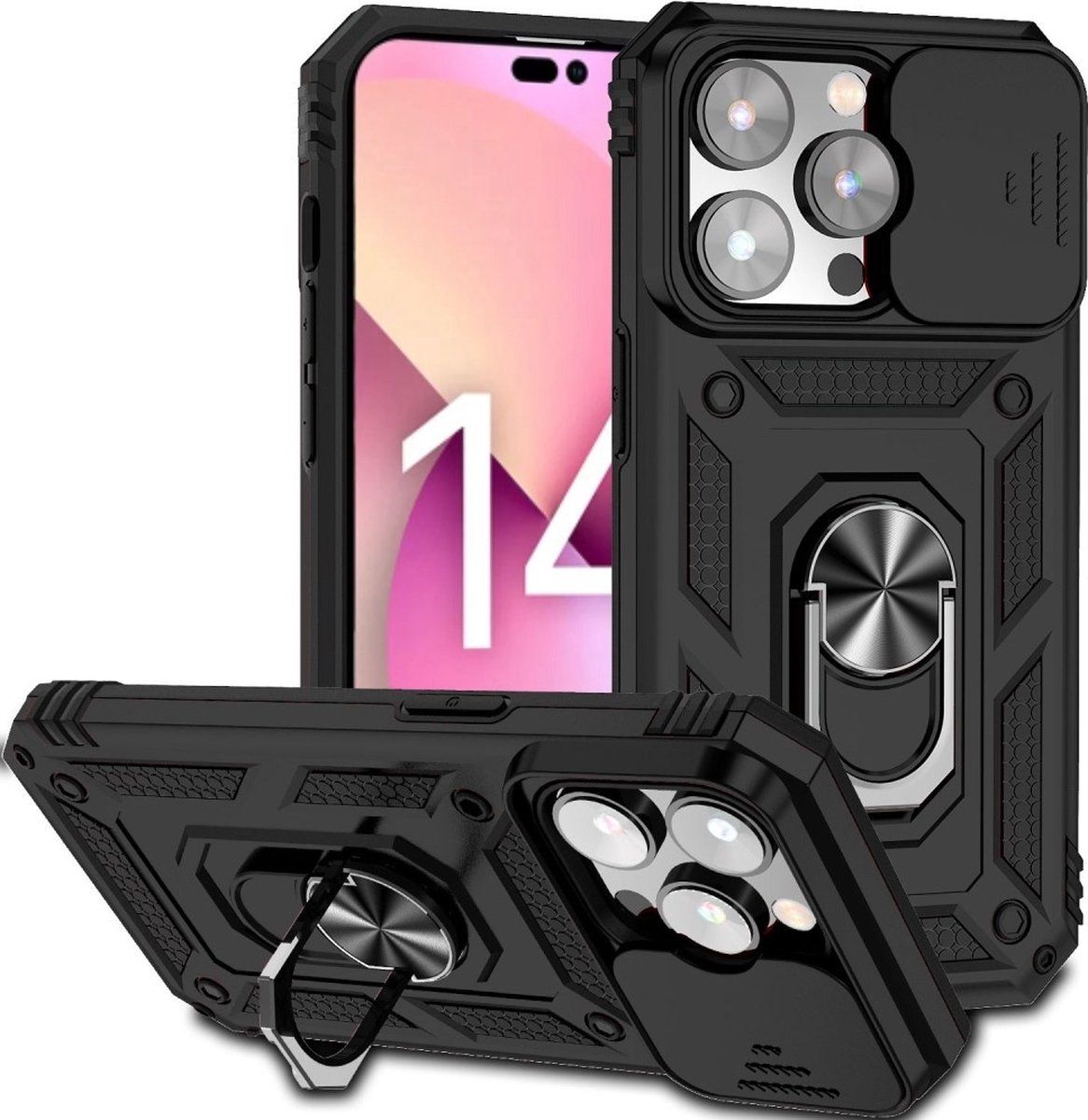 Lunso - Armor backcover hoes met ringhouder - Geschikt voor iPhone 14 Pro - Zwart