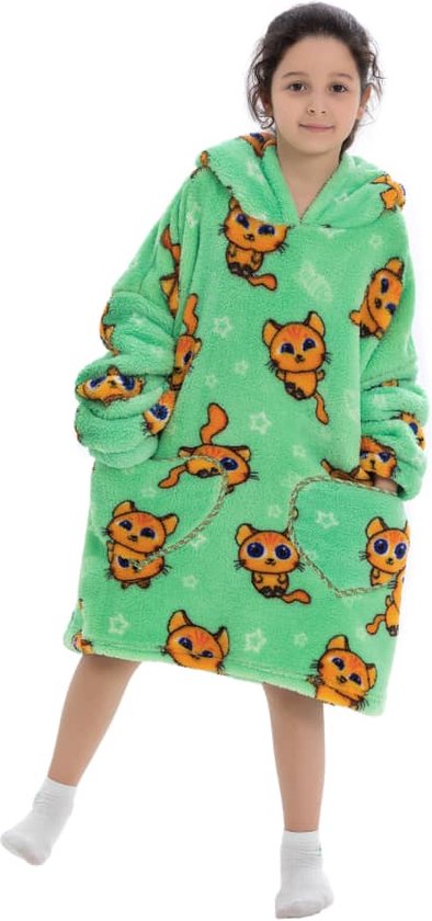 Katjes fleece hoodie deken met mouwen kind – fleece poncho kind – plaid met mouwen - kids 8/12 jaar – maat 134/158 – lengte 75 cm - chillen – Warm & zacht – relax outfit kids – groen - Badrock