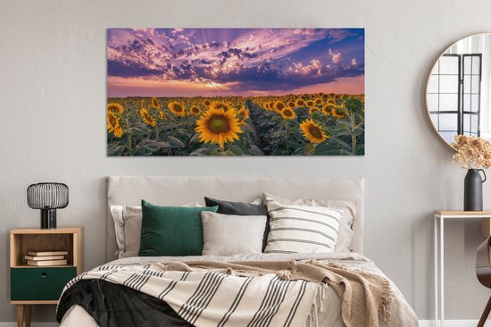 Toile - Peinture fleurs - Tournesol - Soleil - Nuages ​​- Soir - Décoration murale - Photo sur toile - Canvasdoek - 160x80 cm - Salon