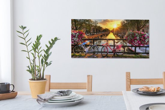 Peinture sur toile - Amsterdam - Vélo - Fleurs - Soleil - Rose - Salon - 80x40 cm - Peintures sur toile - Toile entoilée - Décoration murale