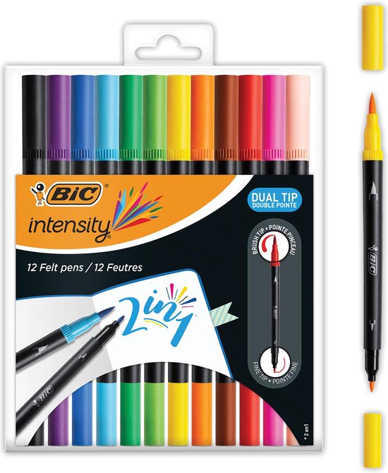BIC Intensity Dual Tip Viltstiften en Penseelstiften - Diverse Kleuren - 12 stuks - Bullet Journal