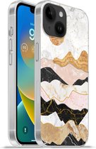 Geschikt voorApple Iphone 14 - Softcase hoesje - Marmer print - Goud - Pastel - Siliconen Telefoonhoesje