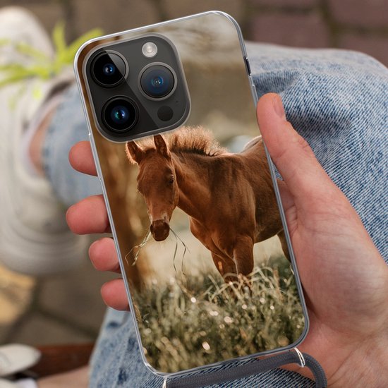 Étui de téléphone adapté à Apple iPhone 14 Pro - Cheval - Léger - Pâturage - Siliconen - Bandoulière - Coque arrière avec cordon - Étui de téléphone avec cordon - Étui avec corde Étui de téléphone