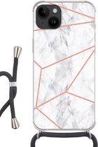 Geschikt voorApple Iphone 14 - Crossbody Case - Marmer print - Rosé goud - Wit - Siliconen - Crossbody - Backcover met Koord - Telefoonhoesje met koord - Hoesje met touw