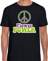 Jaren 60 Flower Power verkleed shirt zwart met groene en paarse letters heren - Sixties/ jaren 60 kleding L