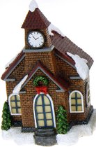 1x Polystone kersthuisjes/kerstdorpje huisjes kerkje met verlichting 13,5 cm - Kerstdorp onderdelen - Verlichte kersthuisjes