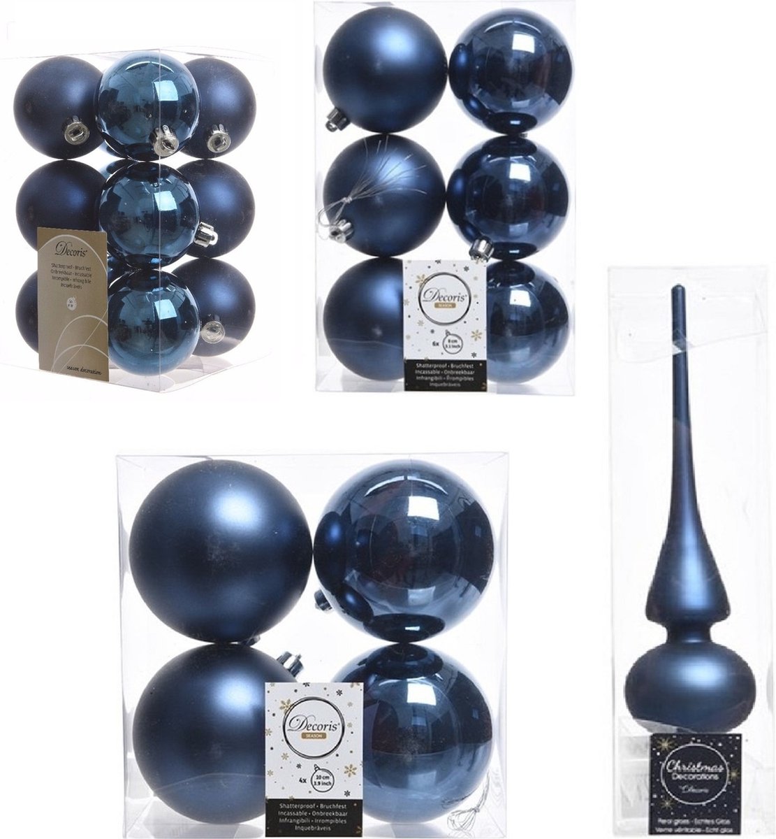 Decoris kerstballen set kunststof donkerblauw - 45 stuks - 6-8-10 cm - mix mat en glans - met glazen piek