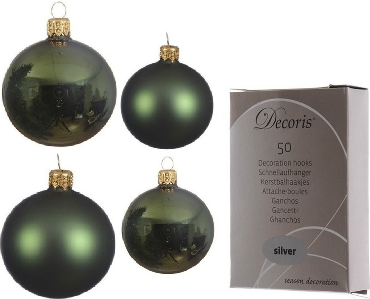 Compleet glazen kerstballen pakket donkergroen glans/mat 38x stuks - 18x 4 cm en 20x 6 cm - Inclusief 50x haakjes