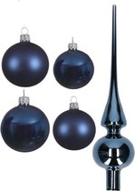 Compleet glazen kerstballen pakket donkerblauw glans/mat 38x stuks - 18x 4 cm en 20x 6 cm - Inclusief piek glans