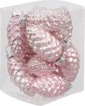 12x Dennenappel kersthangers/kerstballen roze (powder) van glas - 6 cm - mat/glans - Kerstboomversiering