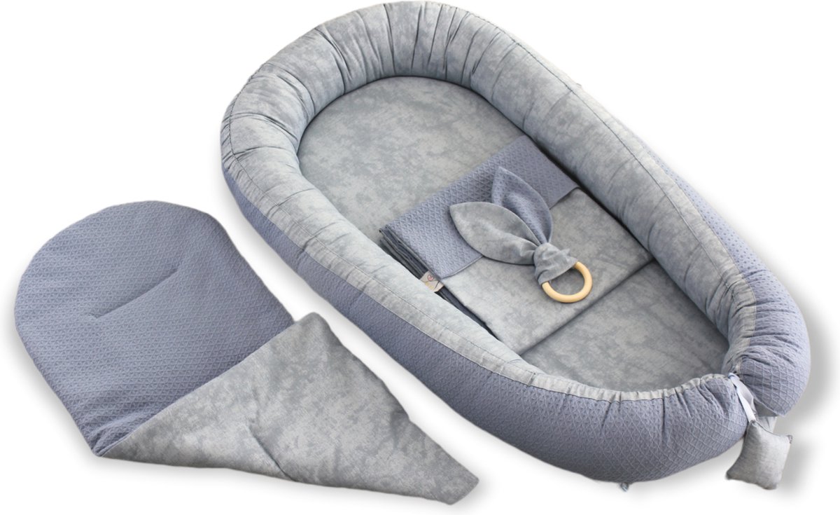 Babynest Eliz Baby Dubbelzijdig 4-delig Indigo Waffle Blue Dye Babynestje Kraamcadeau