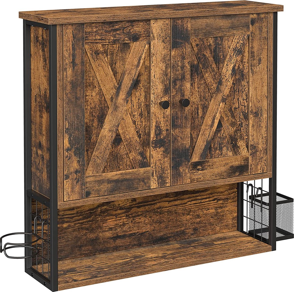 Songmics VASAGLE BBK123B01 Badkamerkast Opbergkast met 2 deuren Verstelbare planken met haardrogerhouder Industrieel ontwerp Vintage Bruin Zwart