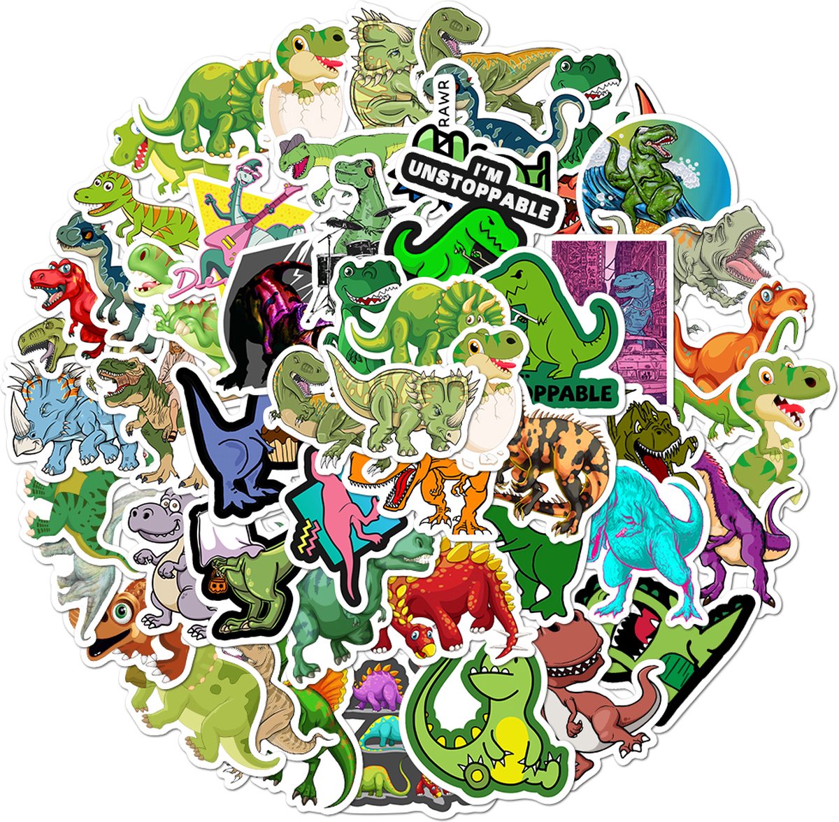 Dinosaurus Cartoon Stickers - T-Rex - Stickers Kinderen - set 50 stuks - Laptop Stickers - Stickervellen