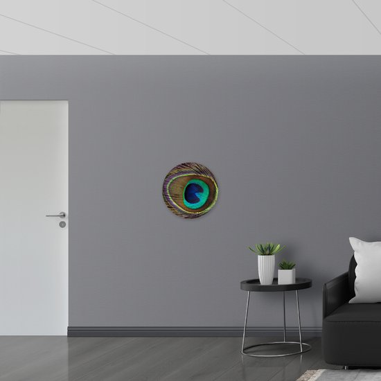 WallClassics - Plaque de Mousse PVC Cercle Mural - Oeil sur Plume de Paon - 50x50 cm Photo sur Cercle Mural (avec système d'accrochage)