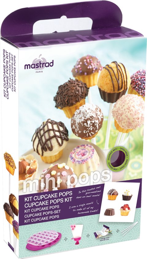 Doos met Mastrad mini cupcake pops kit, met diverse gedecoreerde cupcake pops.